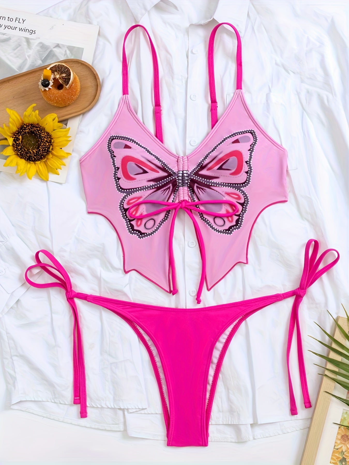 Butterfly Print 2 Piece Set Bikini, Drawstring Front Tie Side High Cut Swimsuits, Women's Swimwear & Clothing