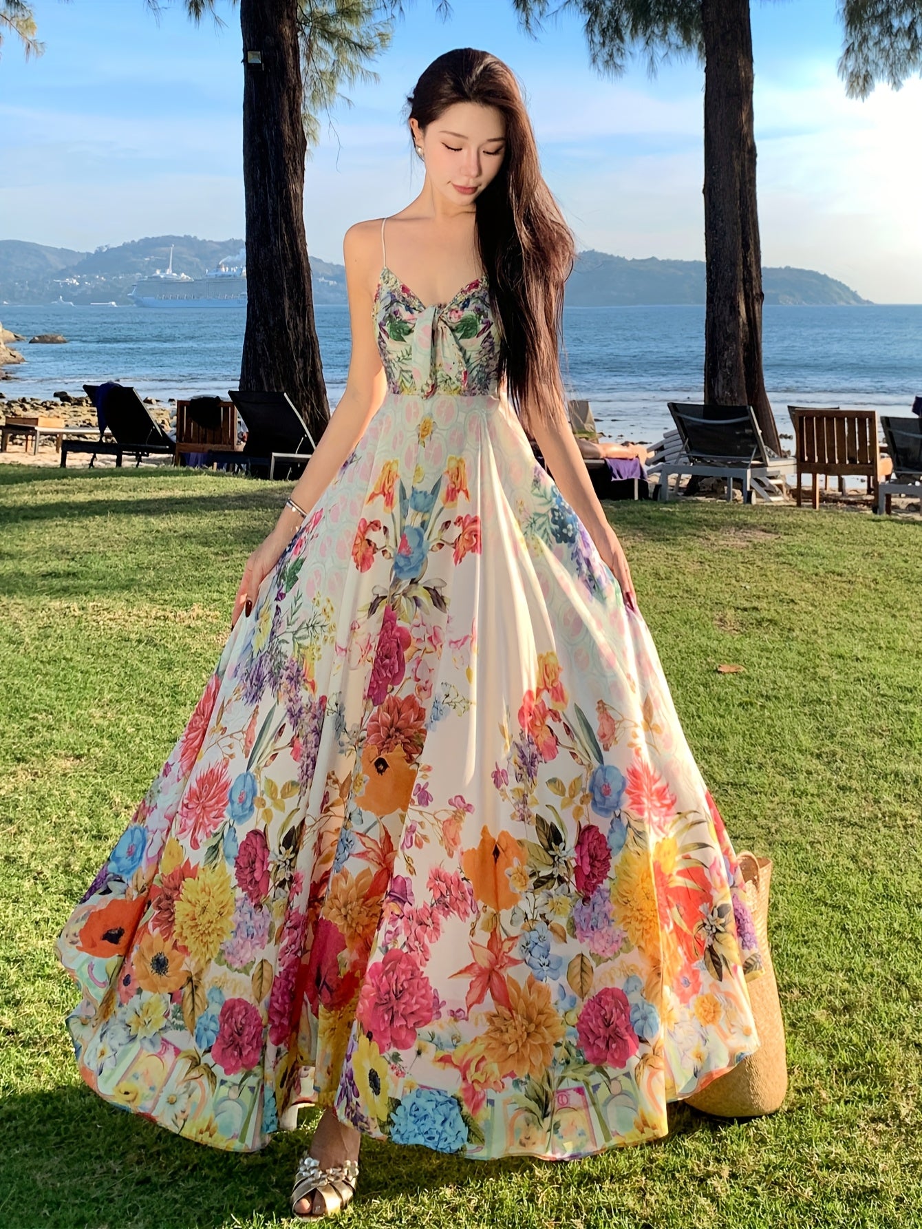Women's Vibrant Floral Print Sleeveless Maxi Dress with Tropical V-Neck and Ruffled Hem - Perfect for Summer Vacations and Beach Outings, Vacation Attire | Fitted Waist, Beach Dress