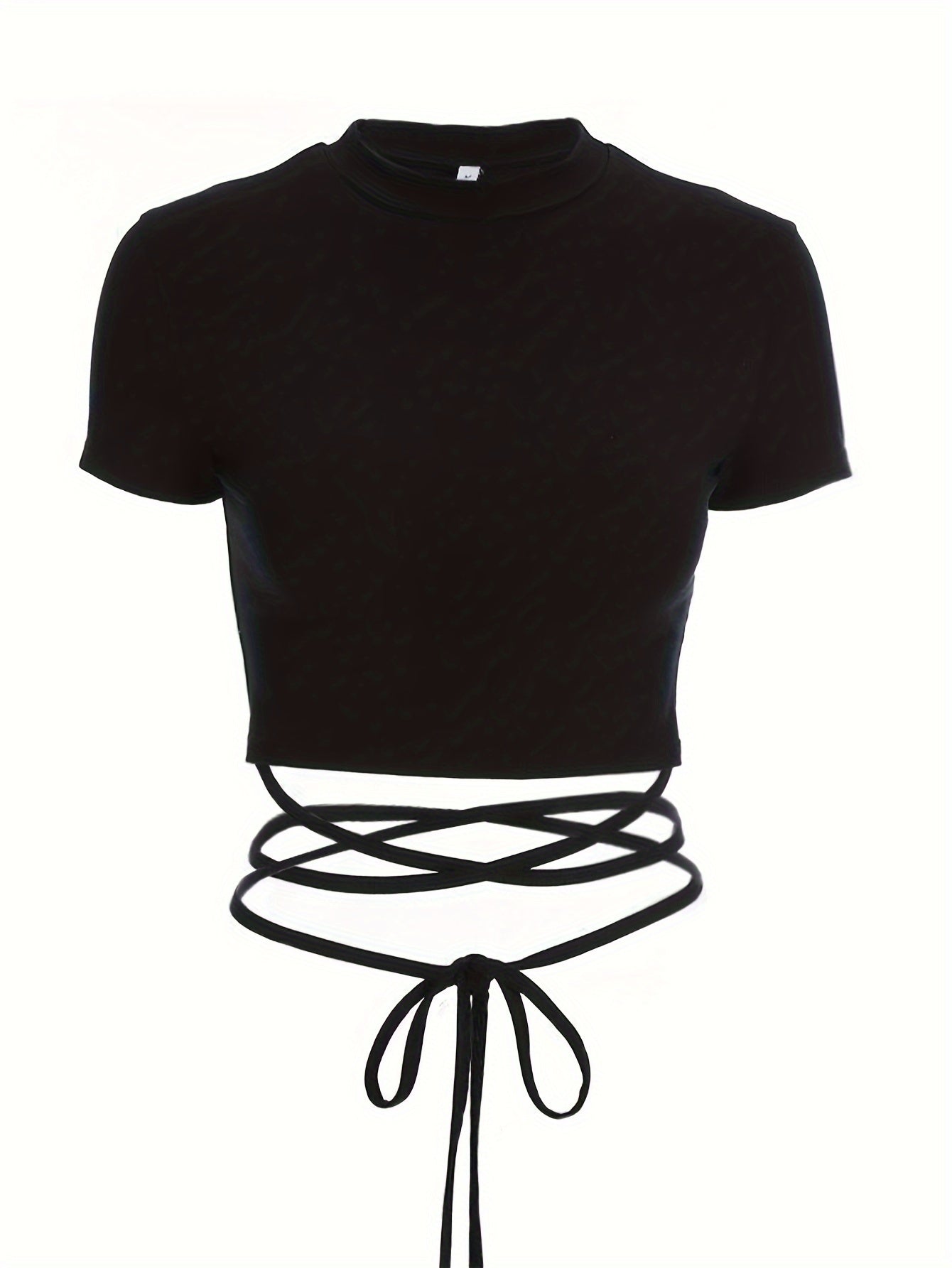 Solid Tie Crisscross Crop T-shirt, Y2K Short Sleeve Mock Neck Slim Top, Women's Clothing