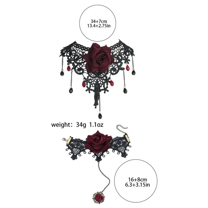 Gothic Lace Choker and Ring Bracelet Set, 2pcs Black Rose Handmade Vintage Necklace Bracelet Combo for Women, Elegant Polyester Fiber Costume Jewelry for Halloween, Parties, and Cosplay Events