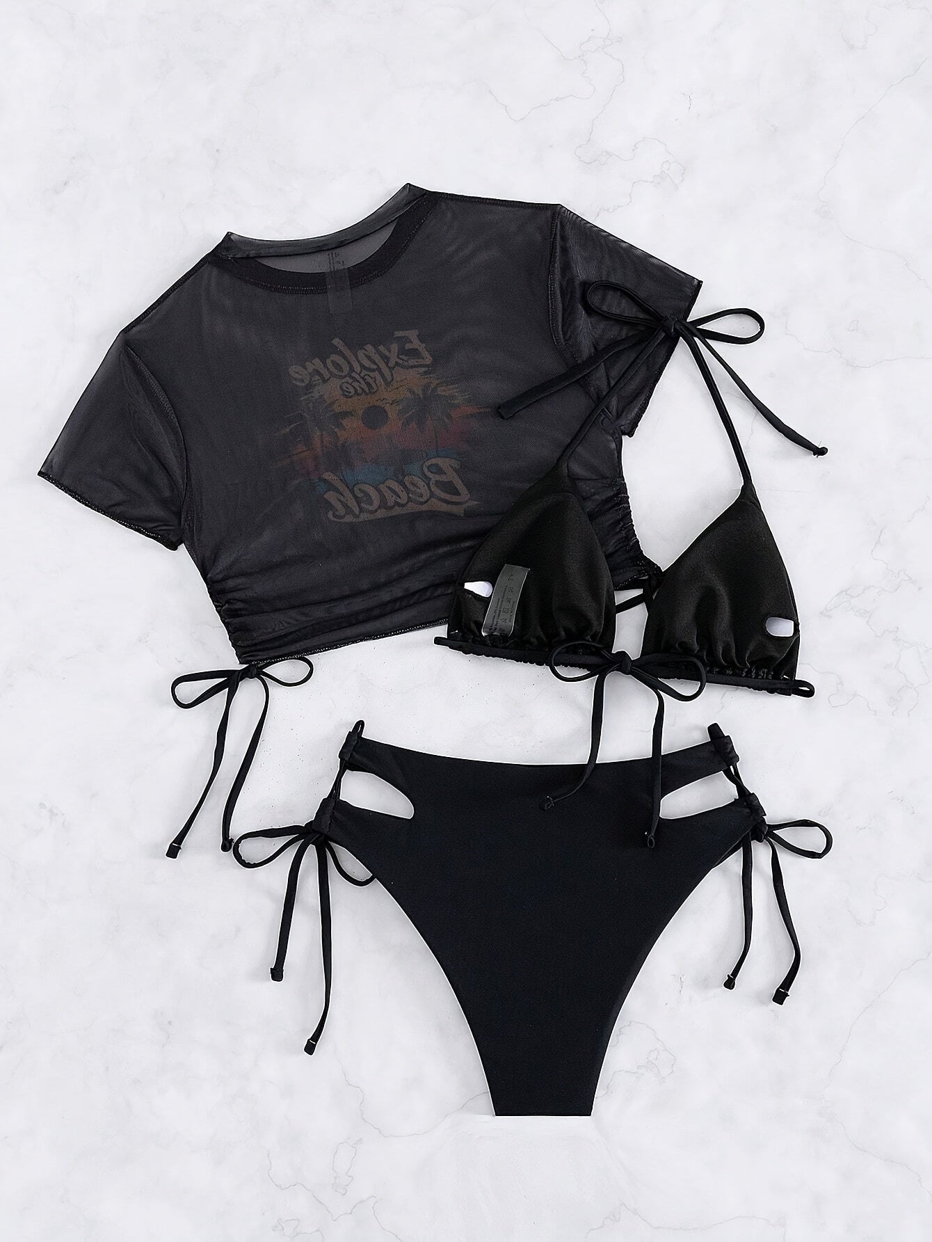Women's Bikini Set, Three-piece Swimsuit With Short Sleeve Cover-Up, High Cut Hollow-Out Tie Side Bottom, Sexy Swimwear, Beachwear