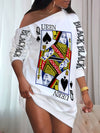 Women's Poker Print Sexy Lounge Dress, One Shoulder Long Sleeve Slash Neck Dress, Comfortable Home Wear For Fall