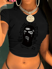Women'S Y2K Graphic Crop Top T-Shirt - Black Short Sleeve with Unique Black and White Print, Casual Spring/Summer/Fall Wear, Crop Top Blouse