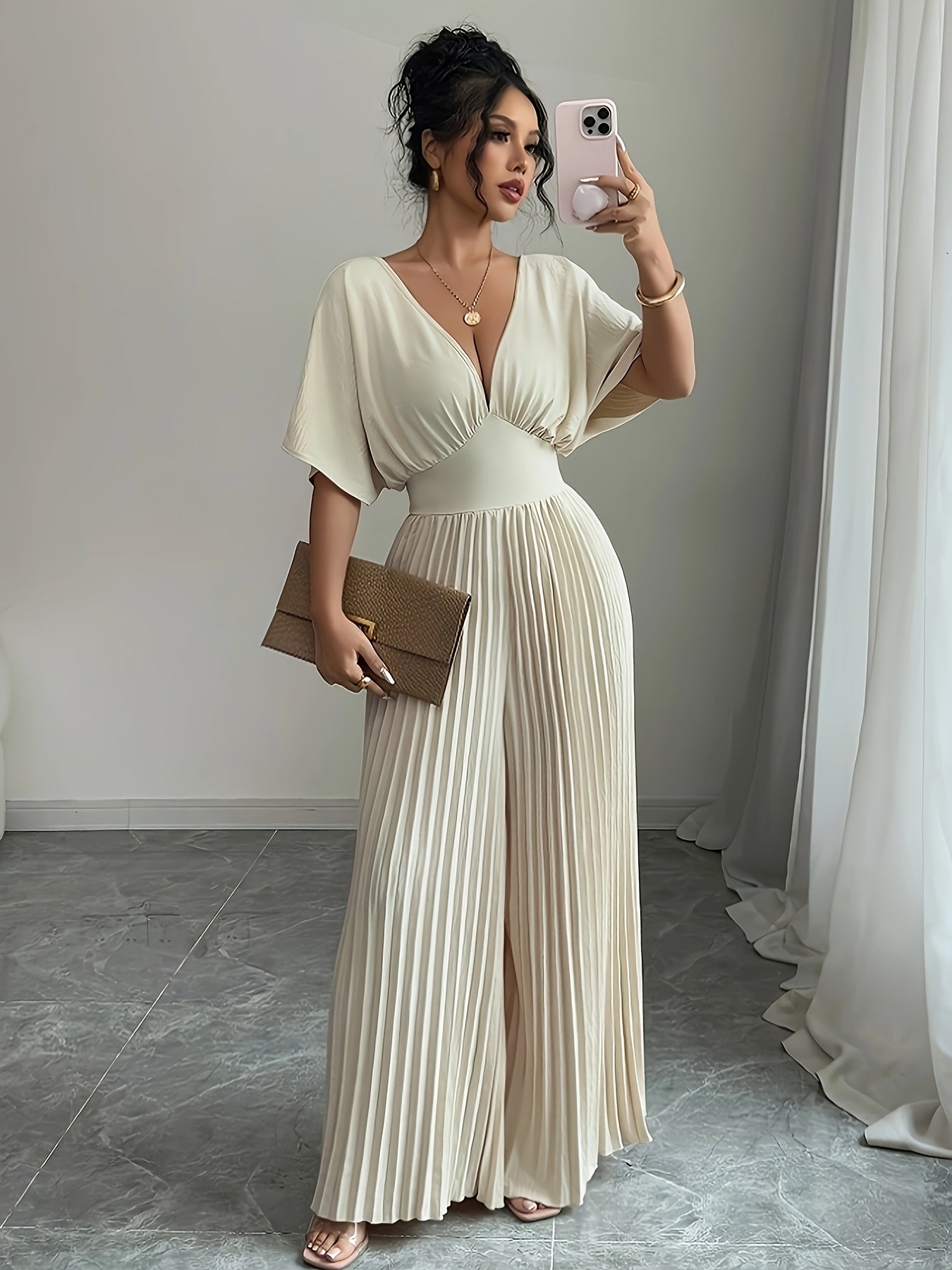 Women's Elegant Deep V-Neck Jumpsuit - Lightweight Breathable Fabric, Wide-Leg Pants, Machine Washable, Solid Color, Versatile for Casual & Formal Occasions, Allseason Apparel | Elegant Pantsuit | Stylish Jumpsuit, Ladies Jum