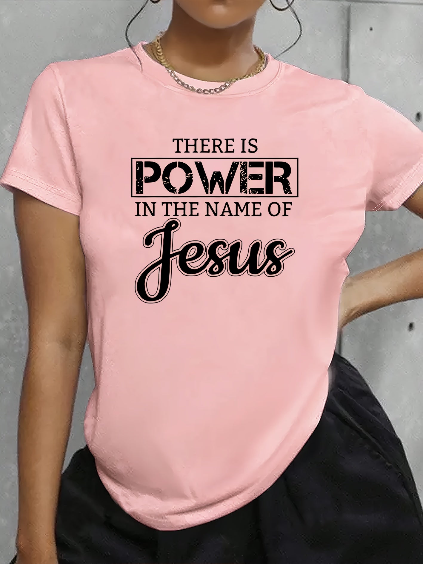Women's Inspirational Jesus Power Quote T-Shirt - Casual Crew Neck, Short Sleeve, Beige Polyester Tee with Artistic Letter Print, Machine Washable, Casual Wear|Graphic Tee|Polyester Fabric