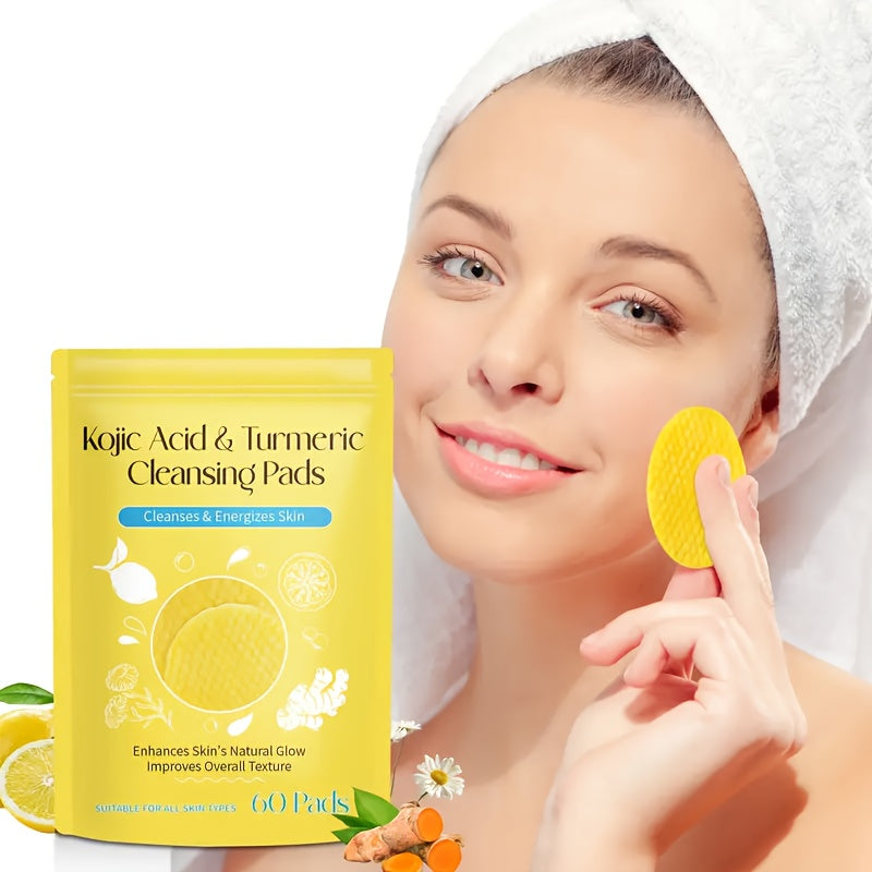 Kojic Acid & Turmeric Cleansing Pads: 60 Pads with Double-Sided Texture for All Light Beige Types - Gentle, Non-Irritating, And Infused with Curcumin, Chamomile, And Turmeric for A Natural Glow, Valentine's Day Gifts