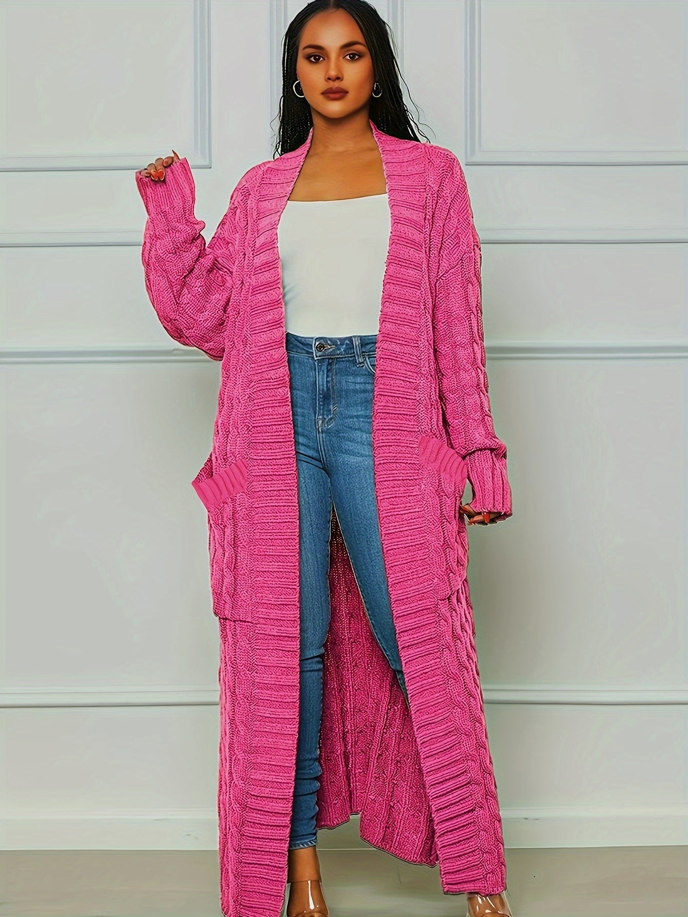Long Length Cable Knit Cardigan, Elegant Solid Long Sleeve Sweater With Pockets, Women's Clothing