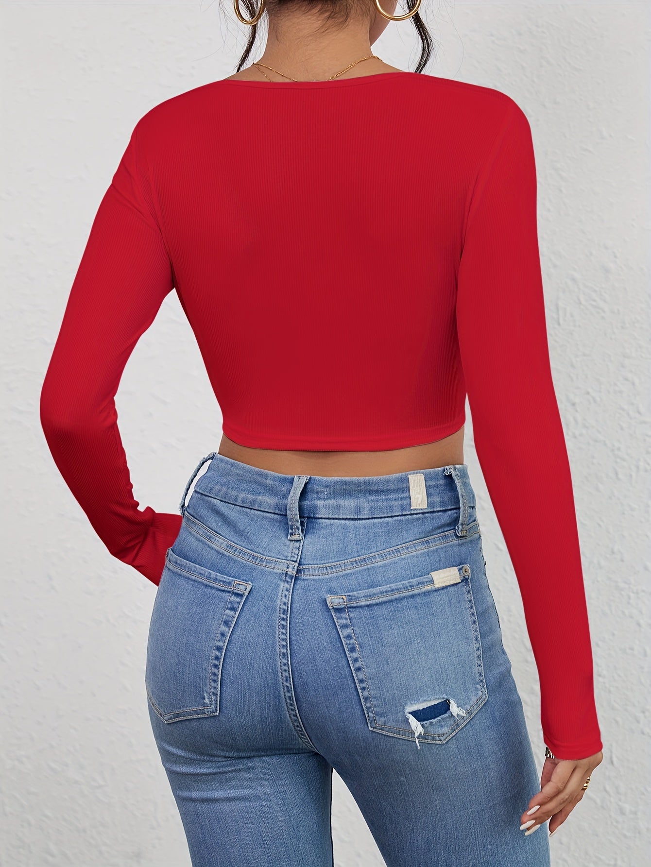 Squared Neck Cropped T-shirt, Casual Long Sleeve Solid T-shirt, Women's Clothing
