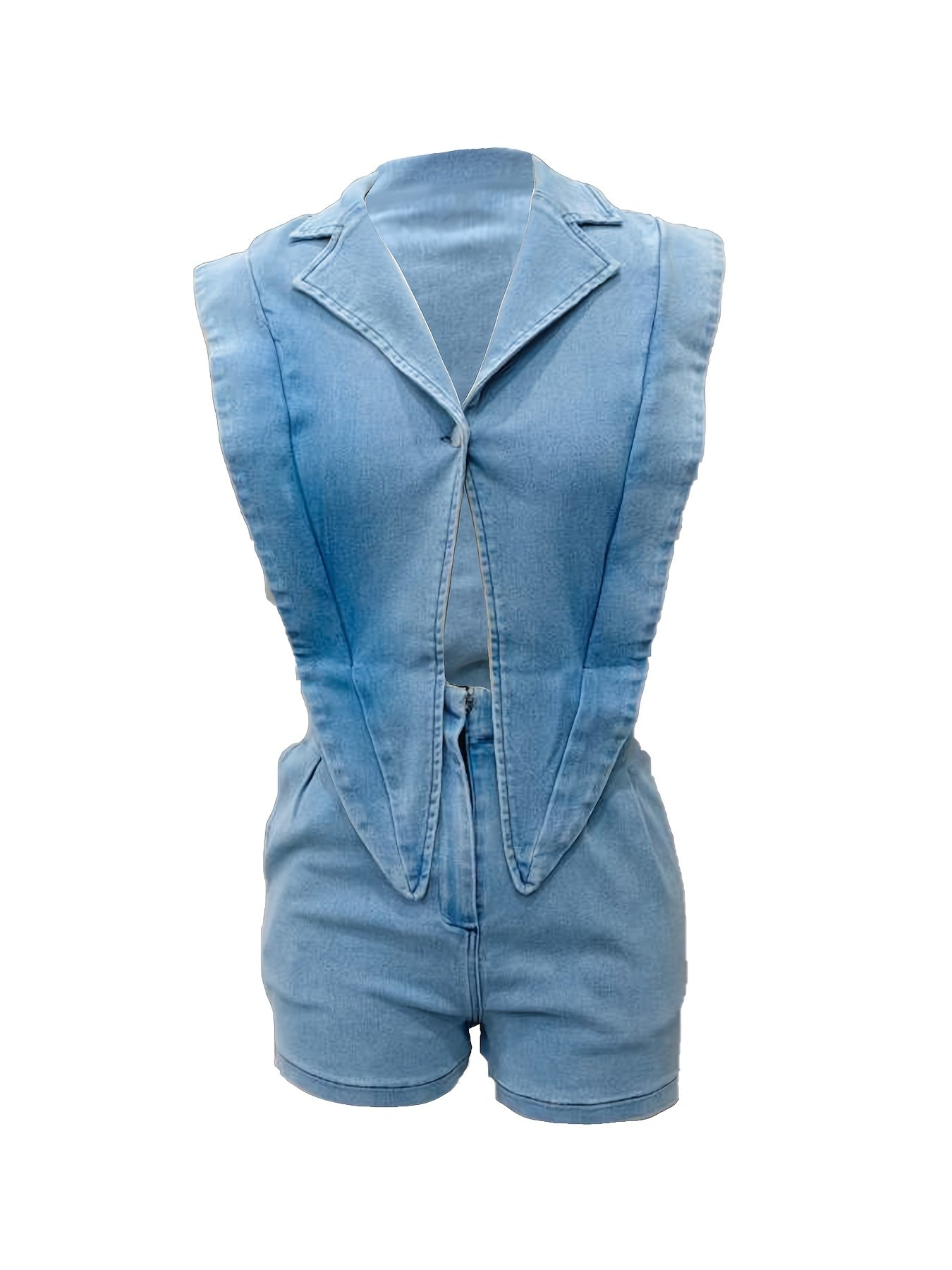 Denim Sleeveless Suit Collar Stretchy Waist Jumpsuit Shorts