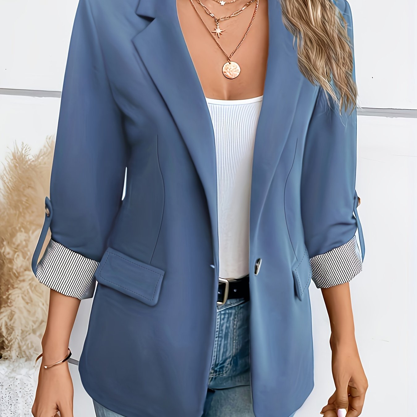 Notched Collar Button Front Blazer, Elegant Long Sleeve Blazer For Office & Work, Women's Clothing