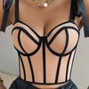 Elegant Black and White Ribbon-Embellished Mesh Cami Top with Color Block Design and Boning Detail - Sexy Spring/Summer Collection for Women, Womens Fashion|Elegant Halter Top| Delicate Lacing