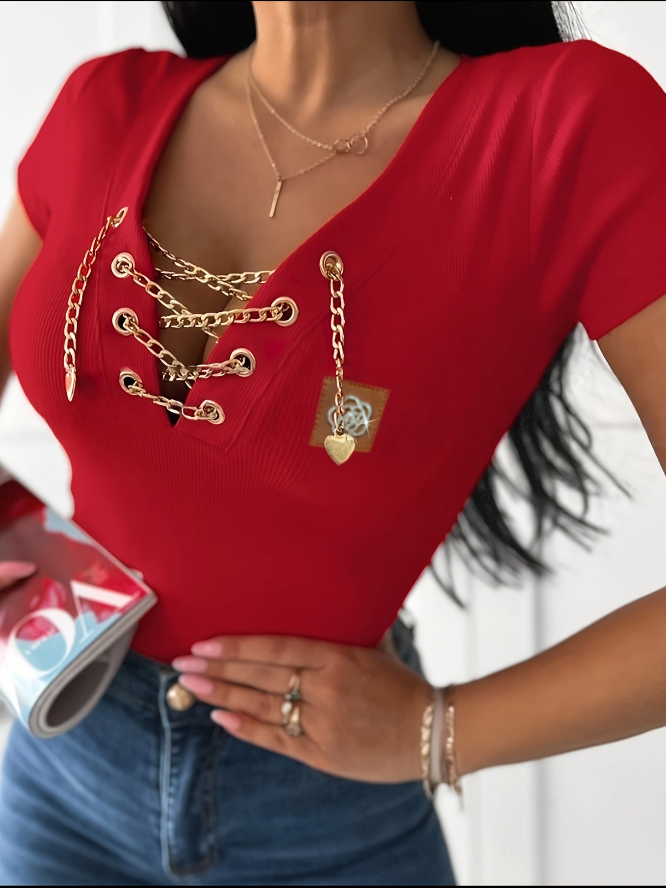 Women's Casual V-Neck T-Shirt | Red Polyester-Spandex Blend | Golden Metal Chain Detail | Slim Fit Short Sleeve | Machine Washable & Dry Clean Safe | Spring/Summer Collection