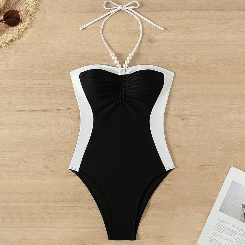 Pearl Spaghetti Straps One-piece Swimsuit Slimming Women