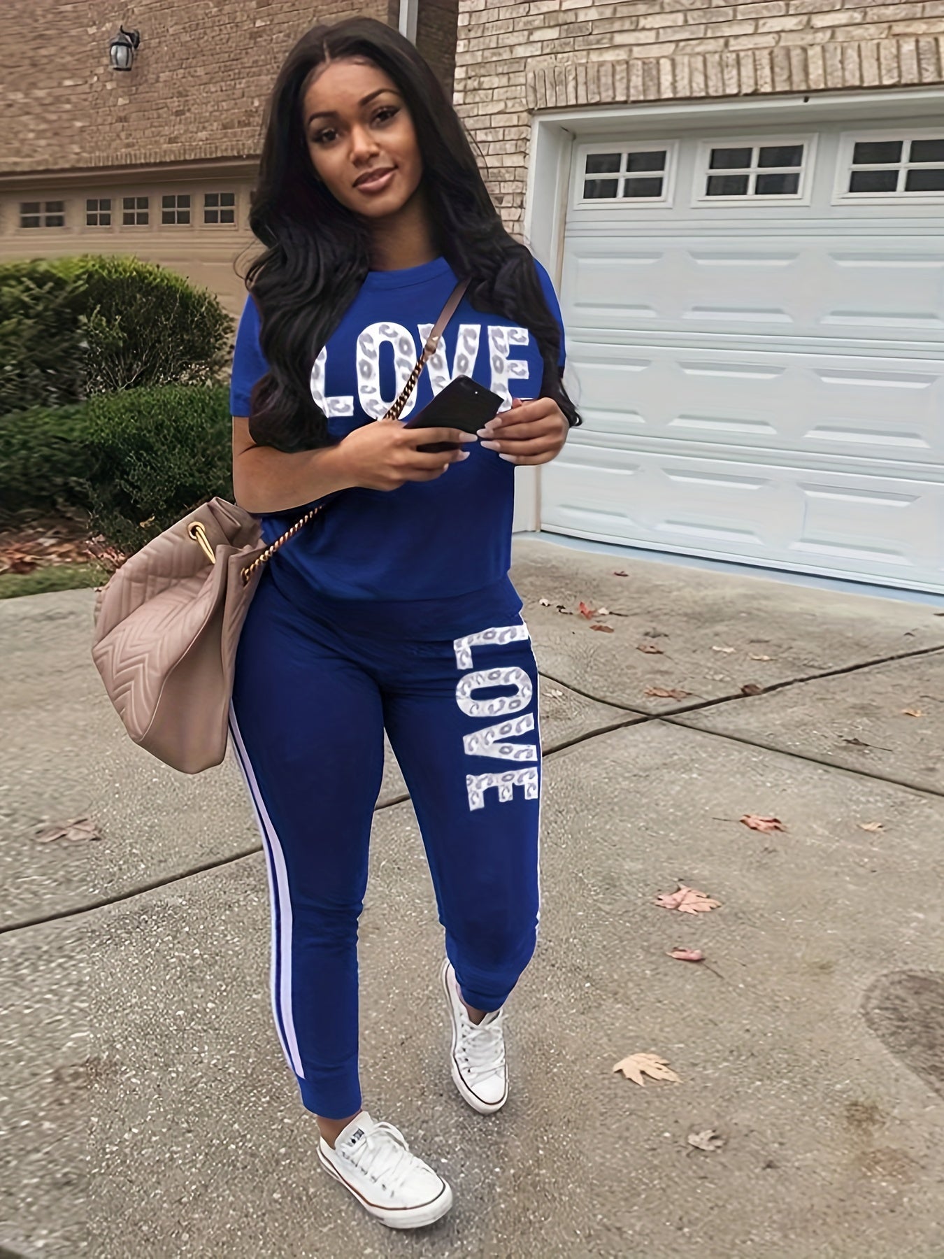 Women's Casual Polyester Knit Sweatpants Set with Round Neck and Alphabet Letter Print, Spring/Summer Collection - Love Letter Design - For Women - Made of Polyester - Perfect for Casual Wear & Loungewear - Ideal Gift for Fas