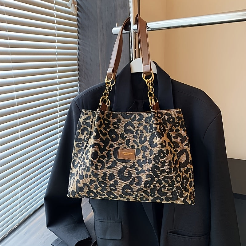 Chic Leopard Print Canvas Tote Bag for Women - Casual Shoulder Handbag with Dual Handles, Perfect for Daily Commute & Fashion Outings