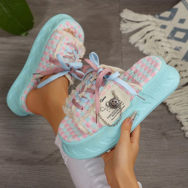 Women'S Chic Summer Canvas Slide Shoes - Pink & Blue Checkered Design, Thick Sole, Lace-Up with Charm, Casual Outdoor Footwear, Comfortable Fabric Upper, Rubber Sole, Round Toe, Fashionable and Casual