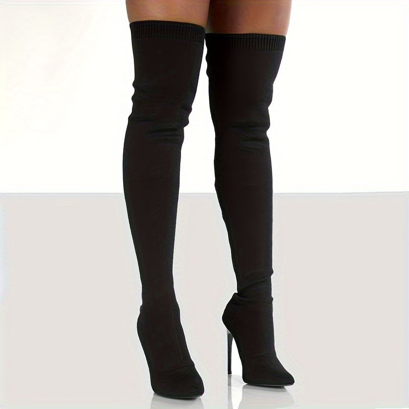 Ladies' Over-the-Knee High Heel Booties - Casual Style, Hand Washable, No Dry Clean, Pure Color, Suitable for All Seasons, Easy Slip-On, Pointed Toe, Thin High Heel, Fabric Upper, Fabric Lining, Rubber Sole, Fabric Insole, Ra