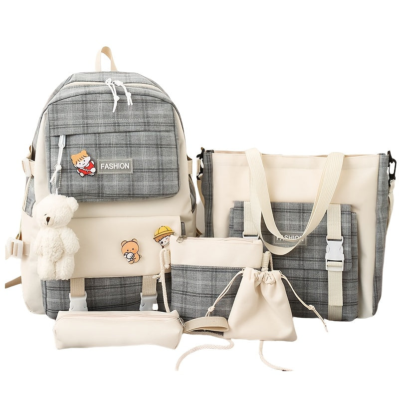 Fashionable And Lovely Plaid Backpack - Five-piece Set - Casual Simple Backpack - For Women - Suitable for School, Travel, Everyday Use - Perfect Gift for Teen Girls