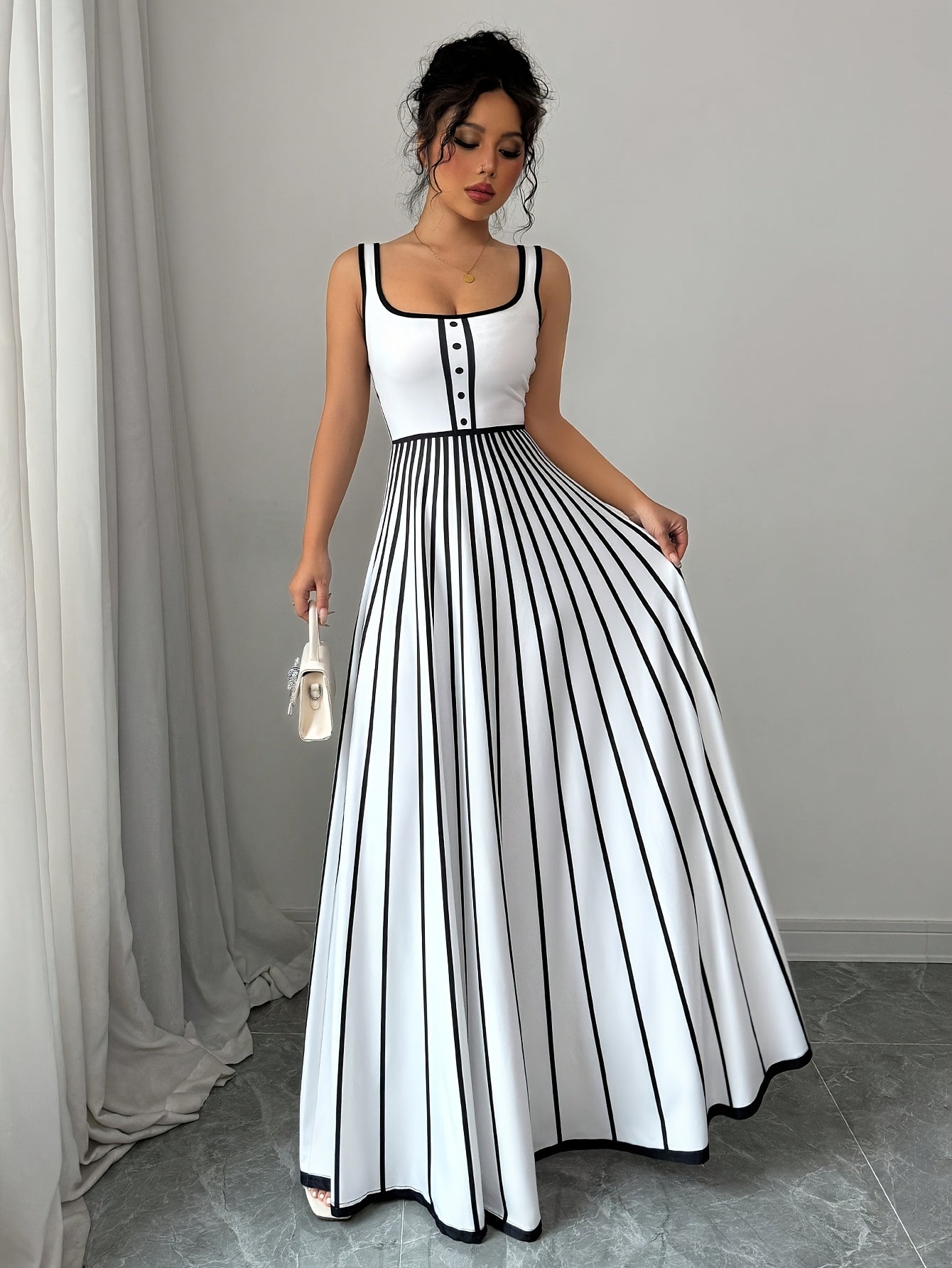 Elegant Striped Sleeveless Maxi Dress for Women - Square Neck, Button Detail, Black & White Vertical Stripes, Flowy Design, Machine Washable, Perfect for Casual or Chic Outfits