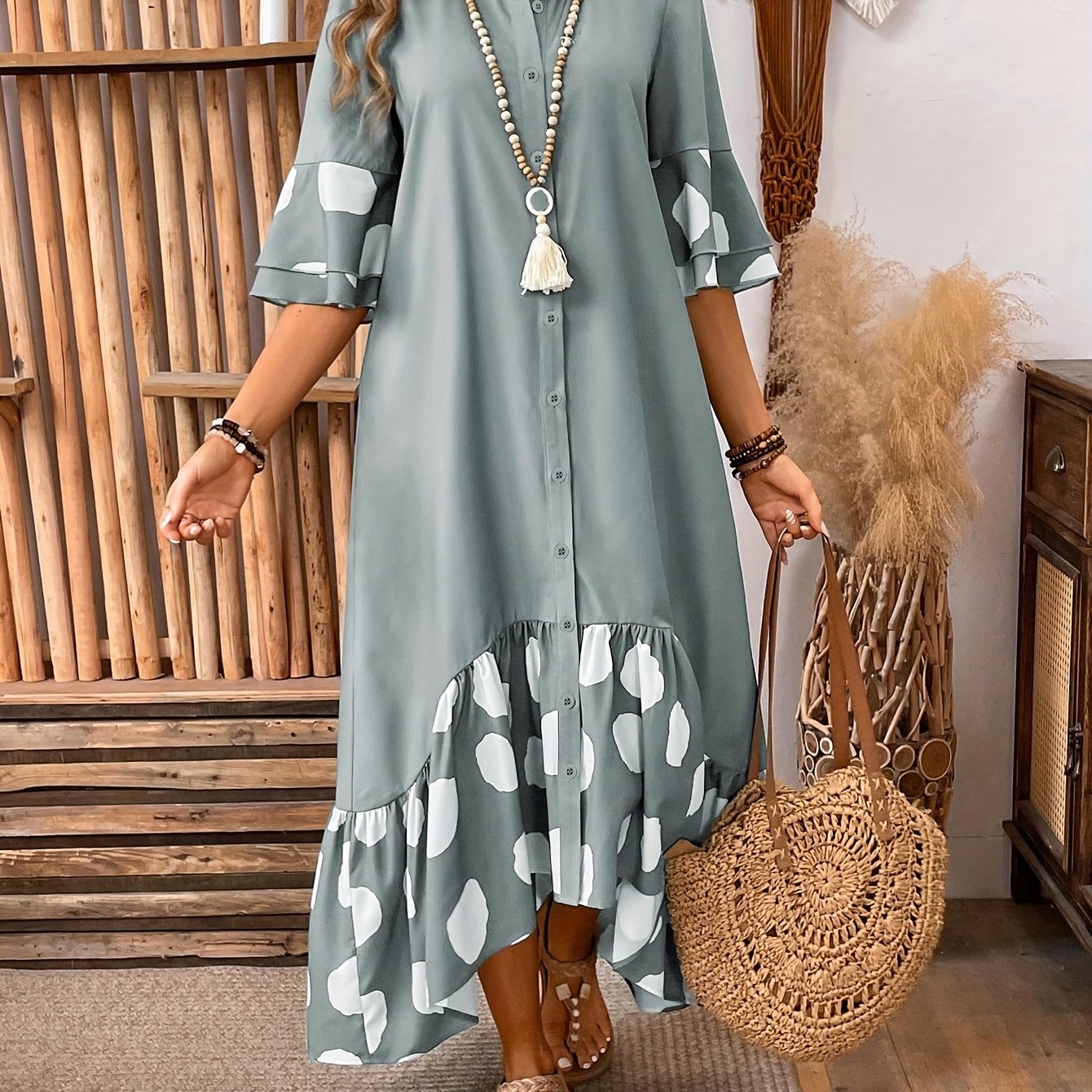 Elegant Women'S Long Sleeveless Dress with Front Button Detail and Polka Dot Print - Semi-Sheer A-Line Midi Skirt Dress for Spring/Fall, Cute Dress