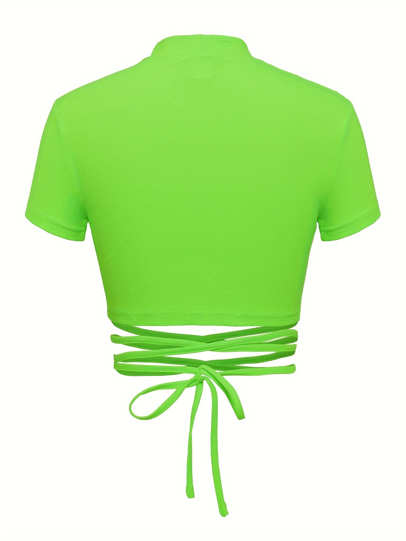 Solid Tie Crisscross Crop T-shirt, Y2K Short Sleeve Mock Neck Slim Top, Women's Clothing