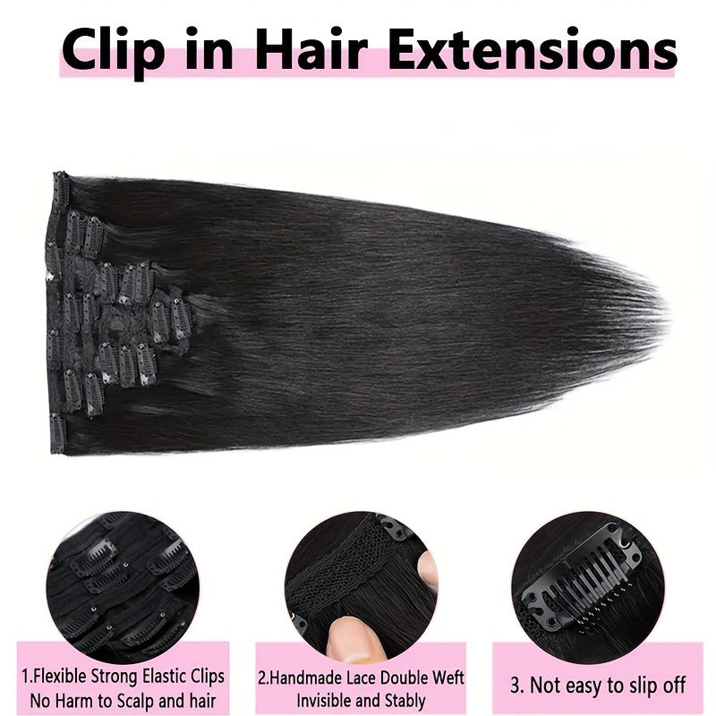 Straight Human Hair Clip In Hair Extensions For Women 100% Unprocessed Full Head Brazilian Virgin Hair Natural Black Color, 8/Pcs With 18Clips, 4.06 oz