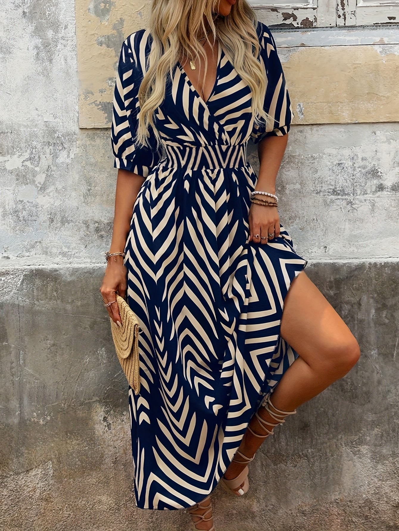 Women's Elegant Vacation V-Neck Midi Dress with Bold Blue & White Chevron Print, Tie Waist, and Half Sleeves - Perfect for Spring/Summer Getaways, Casual Elegance | Aline Silhouette | Stylish Coverup, Vacation Dress