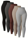 5-Pack Women'S High-Waisted Seamless Yoga Leggings, Thickened Nylon Knit, Solid Color, Stretchy, Non-Waterproof, Long Length, Basic Style with 366g/m² Inner Lining Weight for All Seasons