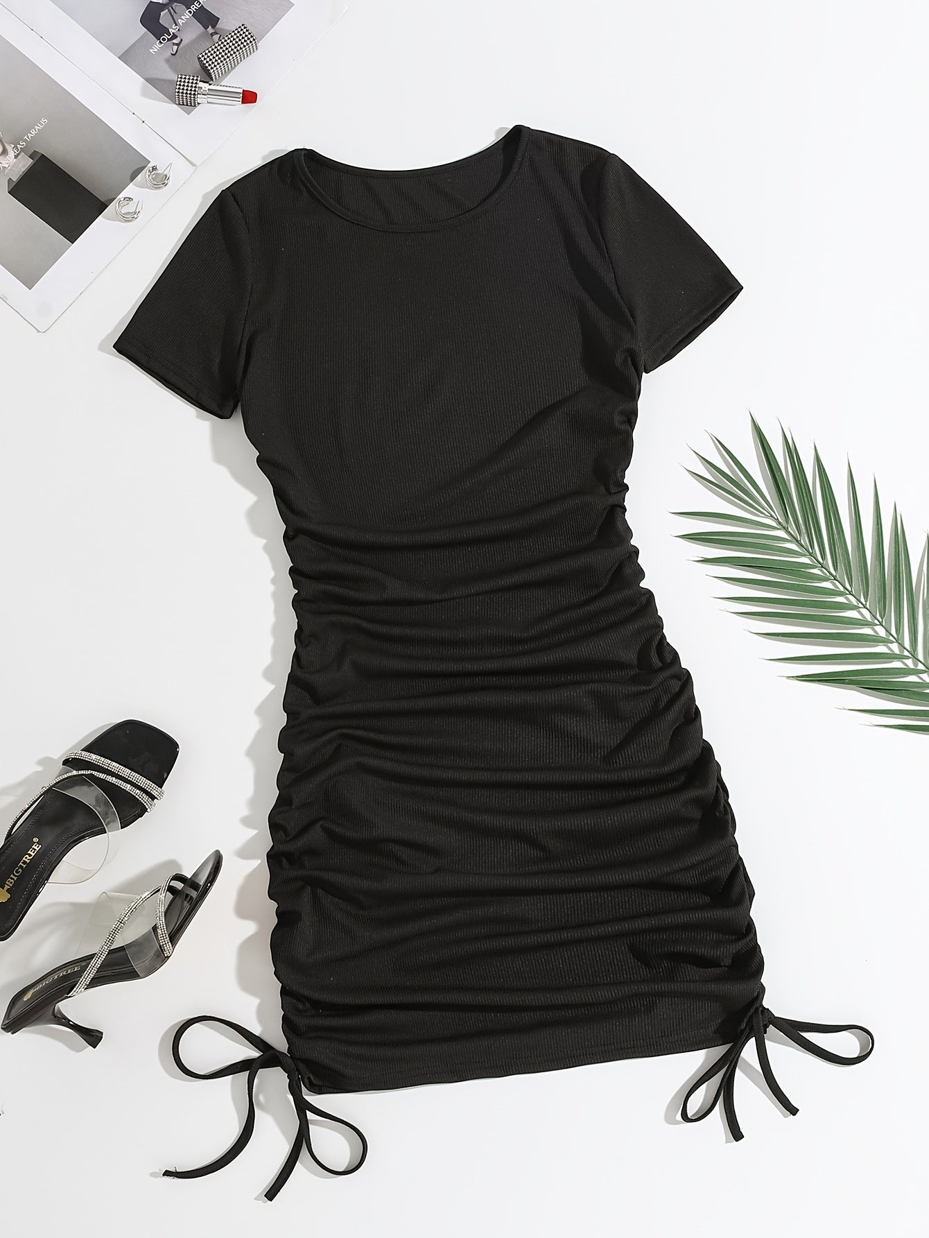 2pcs Women'S Summer Casual Dresses - Black and Light Blue Bodycon Tops with Drawstring Waist, Short Sleeve, Round Neck, Perfect for Adult Women, Casual Attire|Minimalist Style|Easy Fit Top, Ladies Dresses