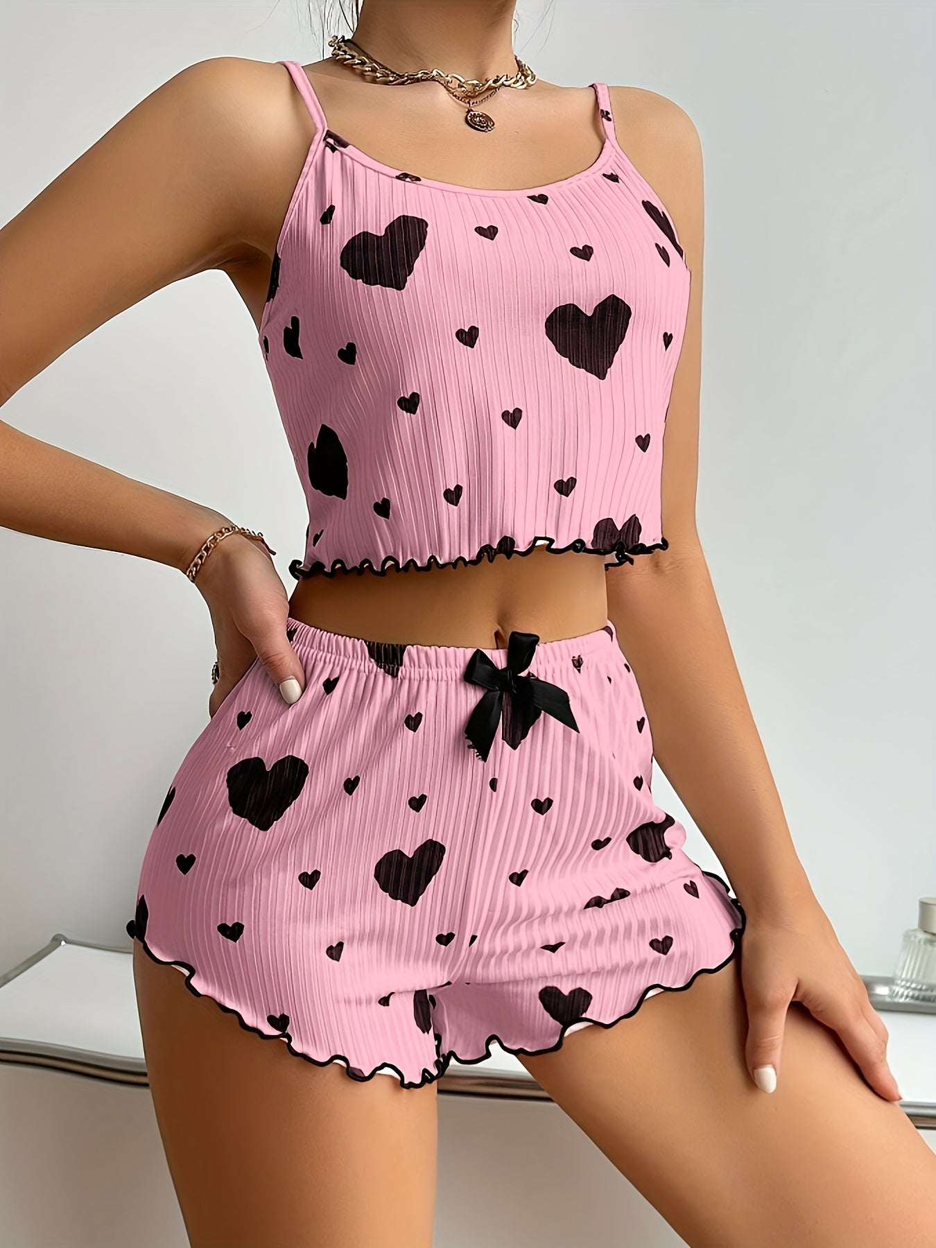 Elegant Women's Heart Print Pajama Set with Bow Detail - Comfy Polyester & Elastane Blend, Machine Washable - For Women - Perfect for Lounging & Sleep - Ideal Gift for Her