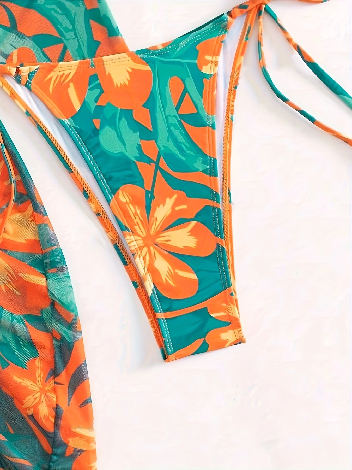 3pcs Floral Pattern Swimwear Set, Polyester and Elastane, High Stretch, Tropical Print, Long Sleeve, Deep V Neck, Lace-Up Detail, Knit Fabric, with No Belt, for Swimming