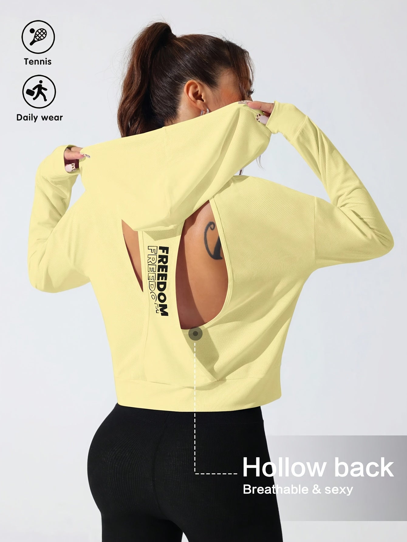1pc Women's Stylish White Hooded Long-Sleeve Top - 100% Polyester, Semi-Translucent, Lightweight & Breathable for Spring/Summer, Machine Washable, Perfect for Tennis, Gym, and Casual Wear