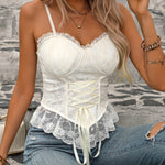 [Summer Elegance] Elegant Women's Lace Corset Cami Top with Floral Print - Sweetheart Neckline, Ruffle Hem, Tummy Control Slim Fit for Summer