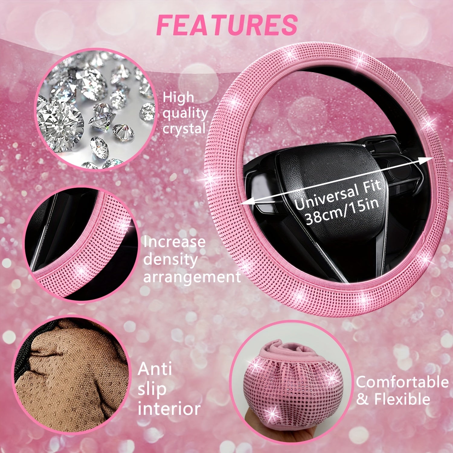 [Diamond Steering Wheel Cover] Artificial Diamond Steering Wheel Cover and Coaster Set - Car Decoration