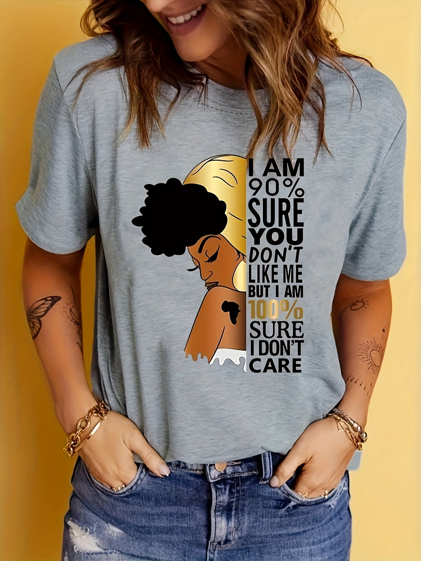 Women's Purple "I Don't Care" Empowerment Print T-Shirt - 100% Positive Affirmation Short Sleeve Top with Golden Accents, Round Neck Casual Summer Shirt, Machine Washable & Semi-Sheer for Layering, Everyday Fashion, Fashion S