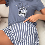 Women'S Casual Crew Neck Pajama Sets, Polyester 95.0% Elastane 5.0%, All-Season Comfort, Heart Pattern, Adult Sleepwear, Loungewear|Playful Print|Comfortable Fit, Pajamas for Travel
