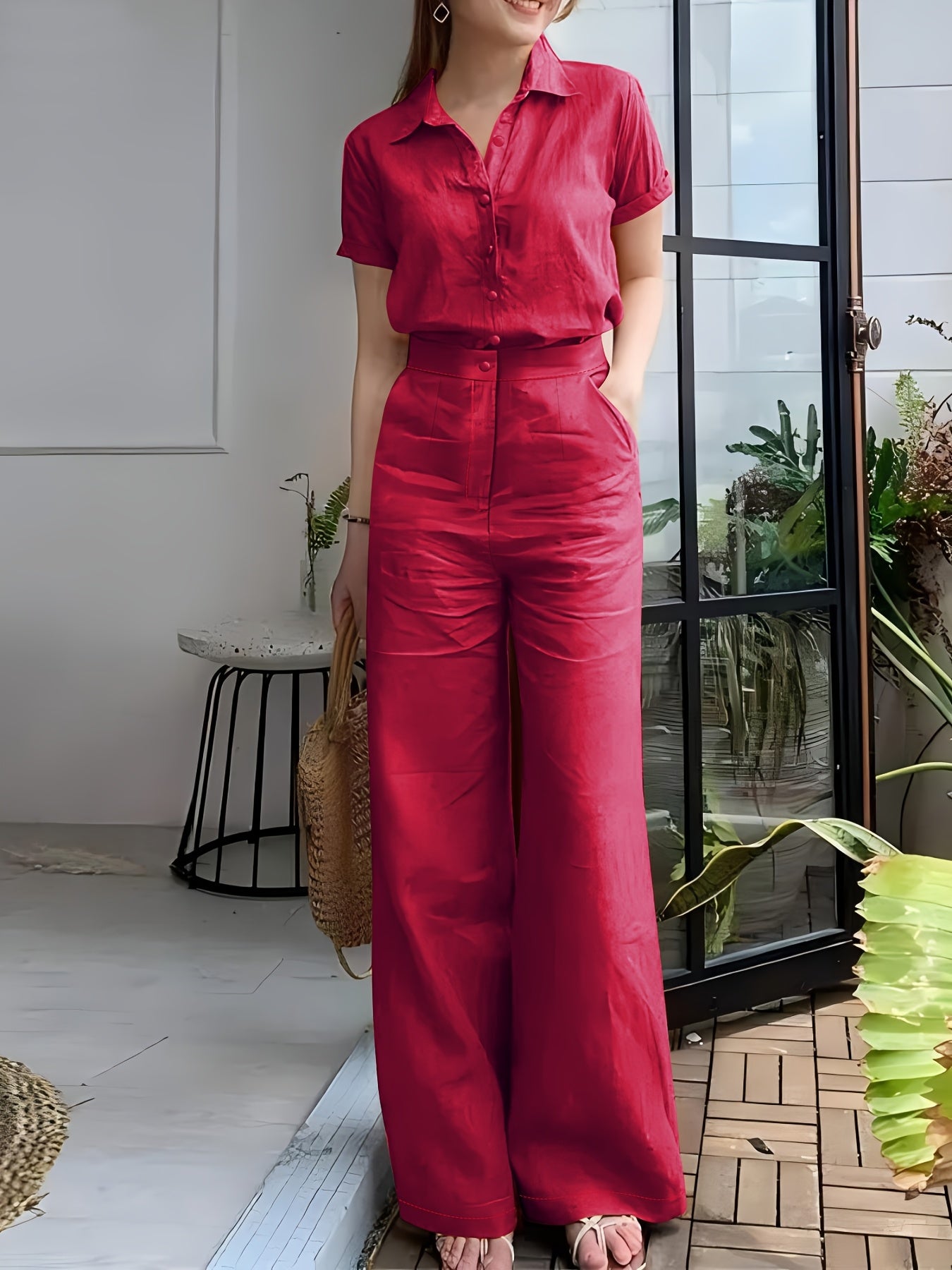 Women'S Solid Color Short Sleeve Shirt and Long Pants Elegant Two-Piece Set