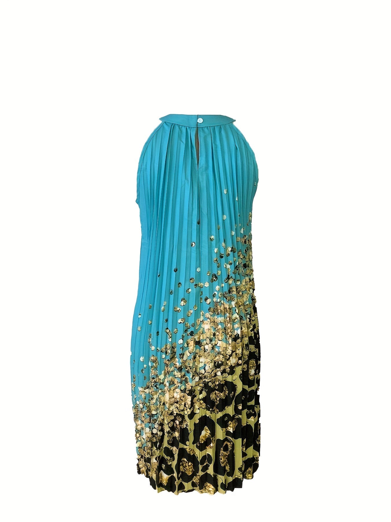 Graphic Print Pleated Halter Neck Dress, Elegant Sleeveless Loose Dress For Spring & Summer, Women's Clothing