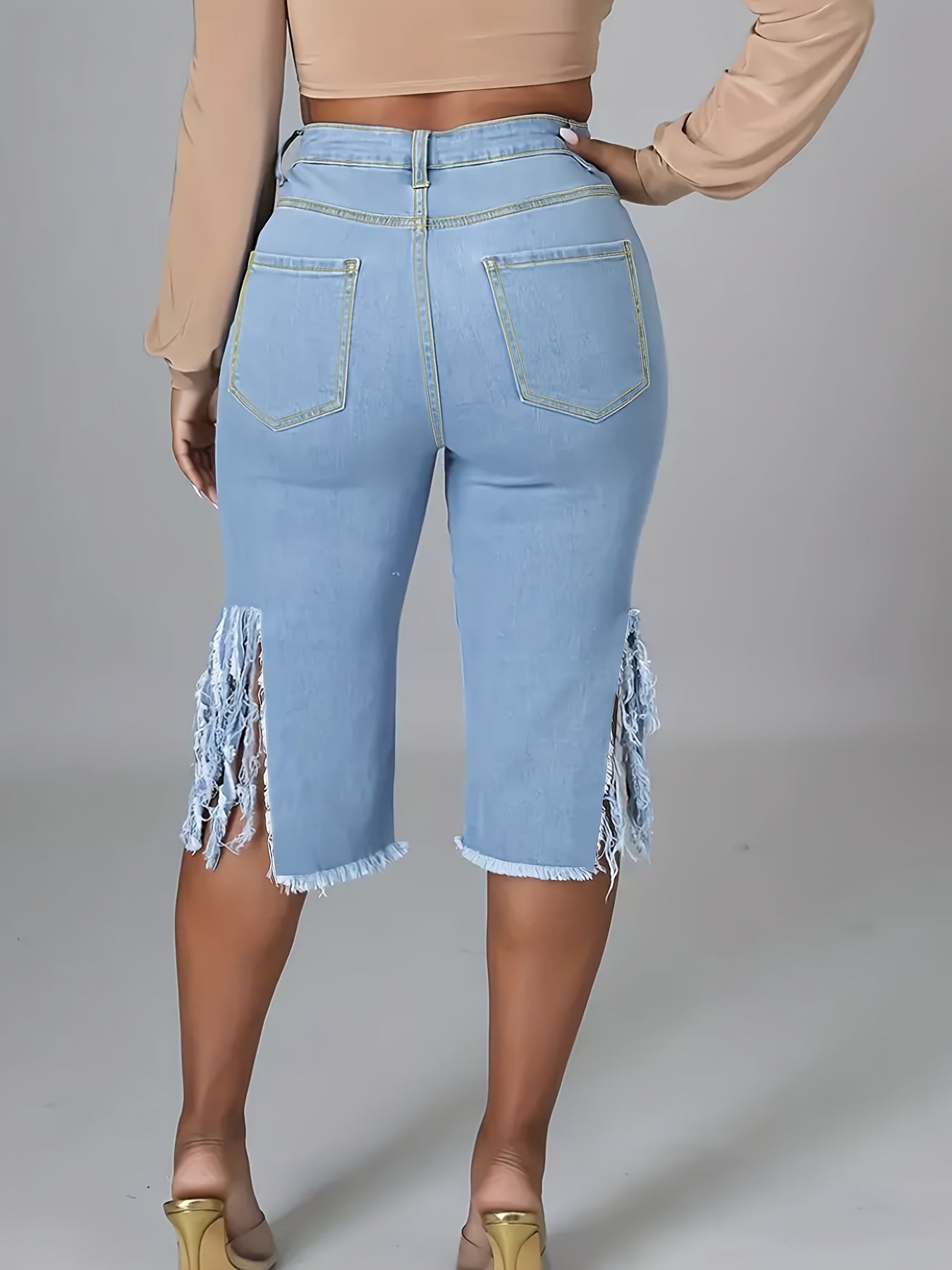 Plus Size Newest Design High Waist Hole Tassels Washed Summer Women Female High Street Denim Pants