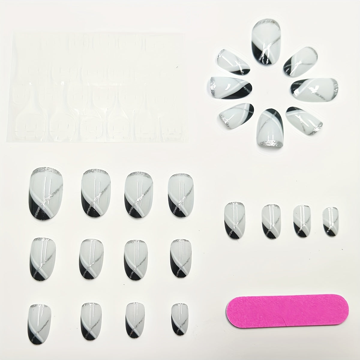 24pcs French Gradient Nail Art Tips Set, Oval Shape Short Length, Black & Fair Tone, Glossy Finish, with Glitter Accents, Jelly Adhesive Tabs & Nail File