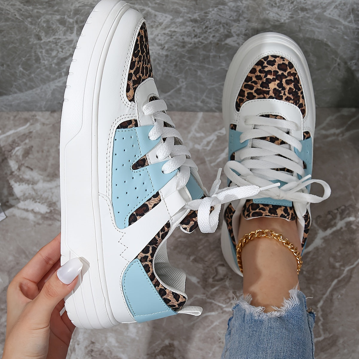 [Casual Elegance] Women's Fashionable Leopard Print and Light Blue Sneakers - Breathable, Comfortable Lace-Up Low Tops with White Soles, Ideal for Casual Wear, Tennis, and Outdoor Activities, Ladies Sneakers