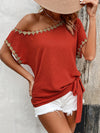 Elegant One-Shoulder Golden Lace Trim Blouse for Women - Stylish Red Off-Shoulder Top with Knot Detail, Breathable Polyester, Perfect for Spring/Summer Outfits