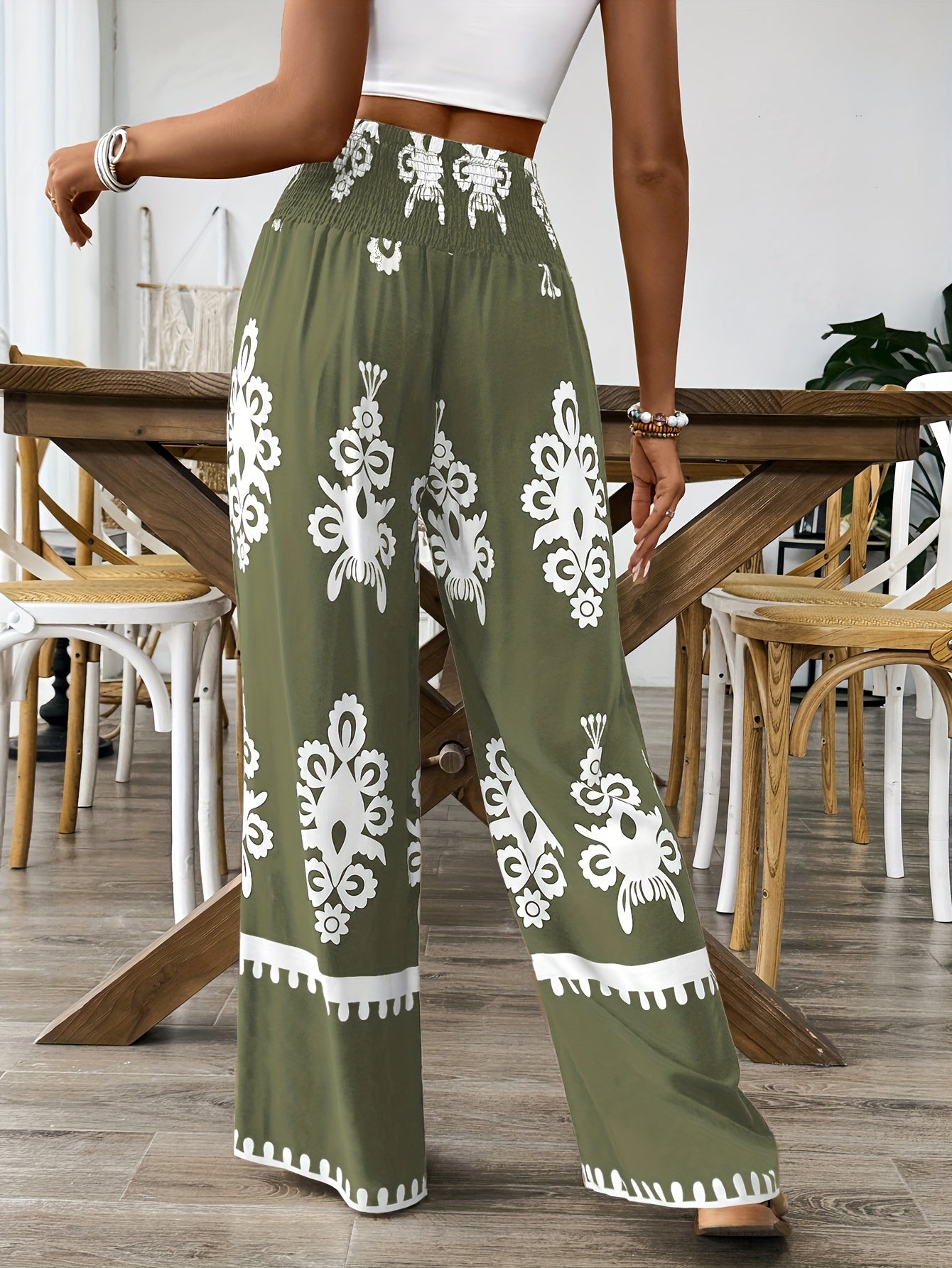 Women's Navy & White Floral Print Wide-Leg Pants with Elastic Waist Drawstring & Smocking Detail - Machine Washable All-Season Elegant Casual Trousers for Women, Comfortable Fashion, Smooth Texture Fabric