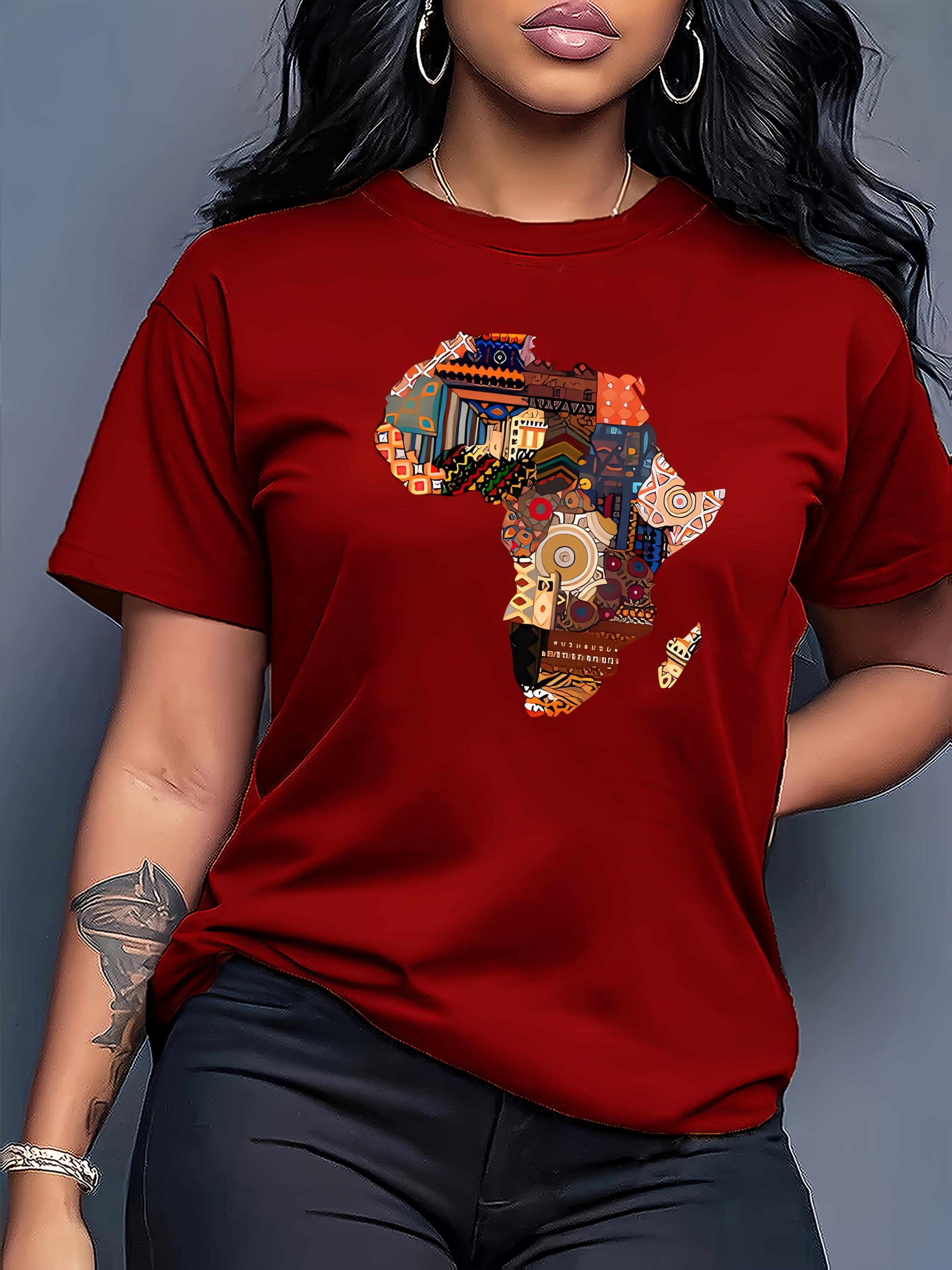 Women's African-Inspired Patchwork Print Casual Short Sleeve T-Shirt - Vibrant Red Round Neck Top with Cultural Motifs, Medium Stretch & Machine Washable for Spring/Summer, Casual Attire, Comfortable Fabric