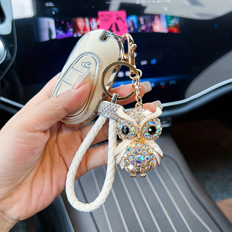 Rhinestone Owl Keychain - Cute Alloy Charm with Braided Rope, Sparkling Cartoon Owl Design, Perfect for Car Keys & Bags, Ideal Birthday Gift, Novelty Keychai