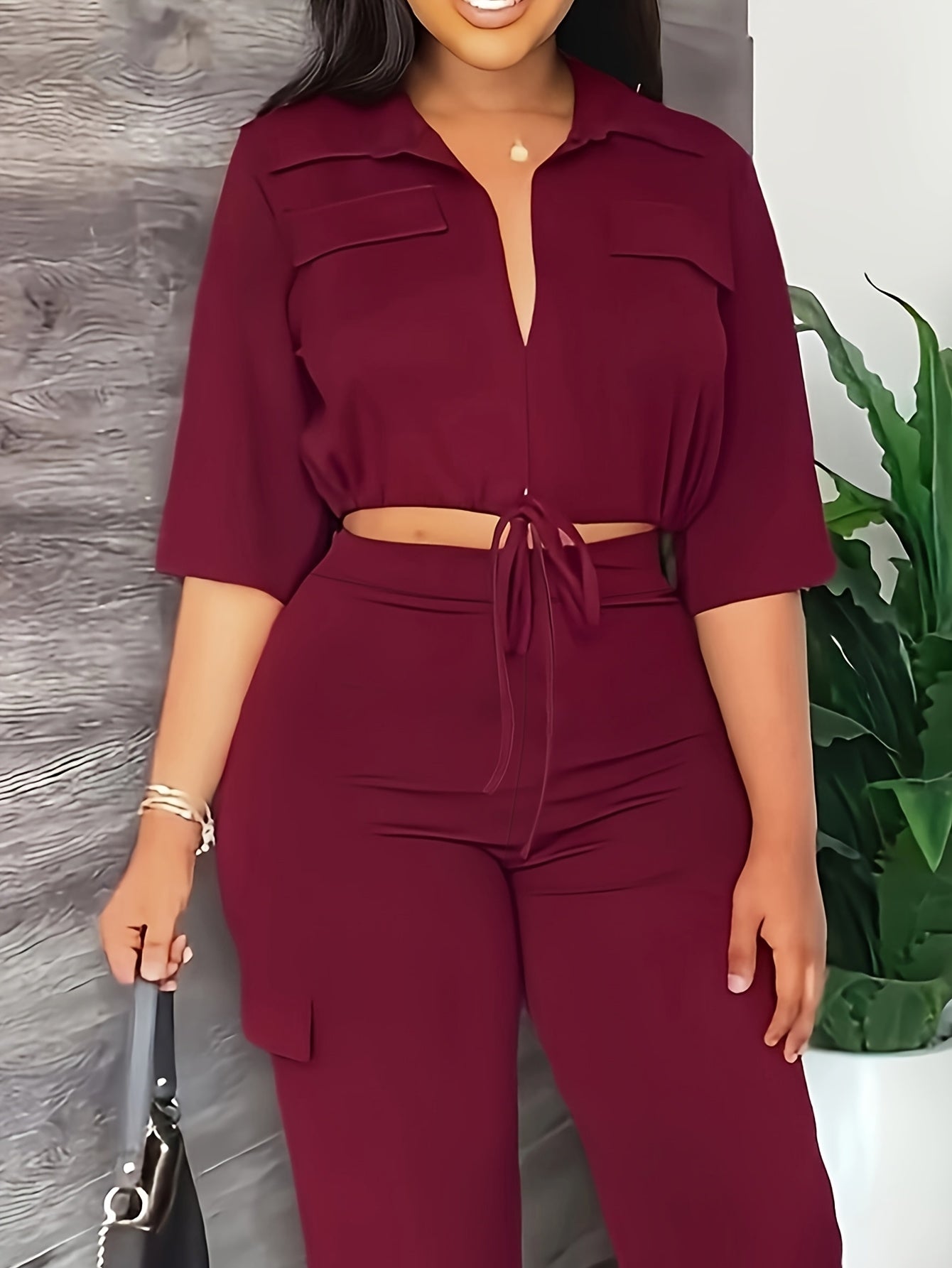 [Elegant Women's Outfit] Elegant Women's Outfit - High-Waisted Straight-Leg Pants with Drawstring Hem - Allseason Outfit, Glossy Fabric, European And American Style