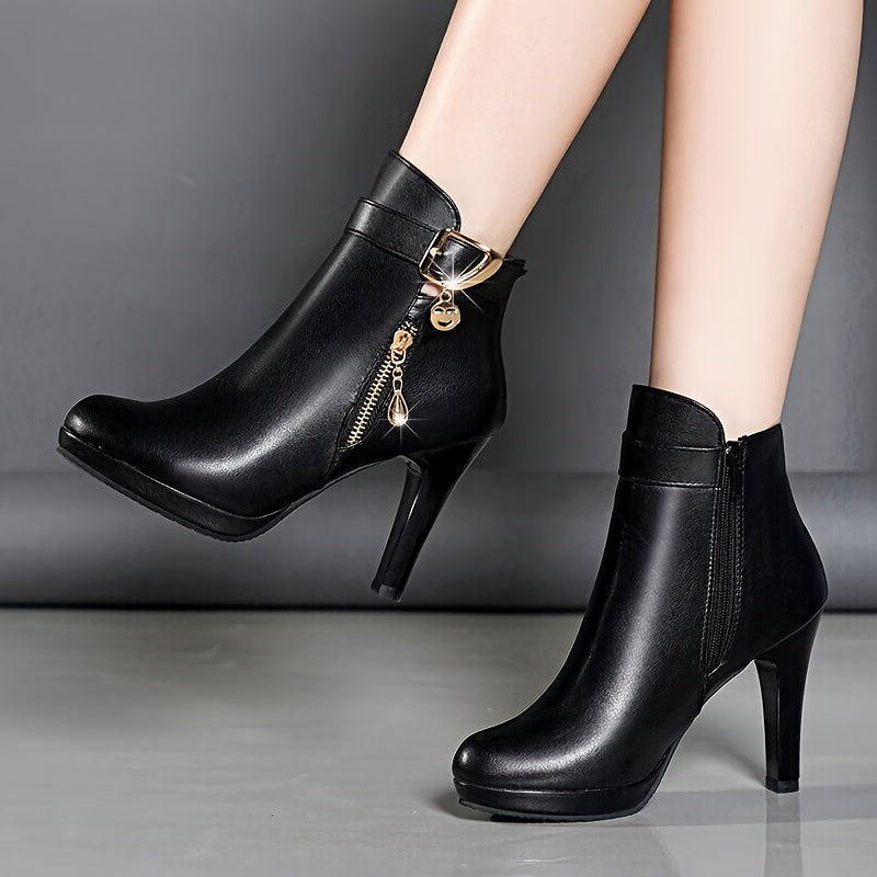 Minimalist High-Heel Ankle Boots for Women - Solid Color Stiletto Booties with Round Toe, Side Zip, and Rubber Sole for All Seasons - For Fashionable Women - Perfect for Parties, Work, and Casual Occasions - Ideal Gif