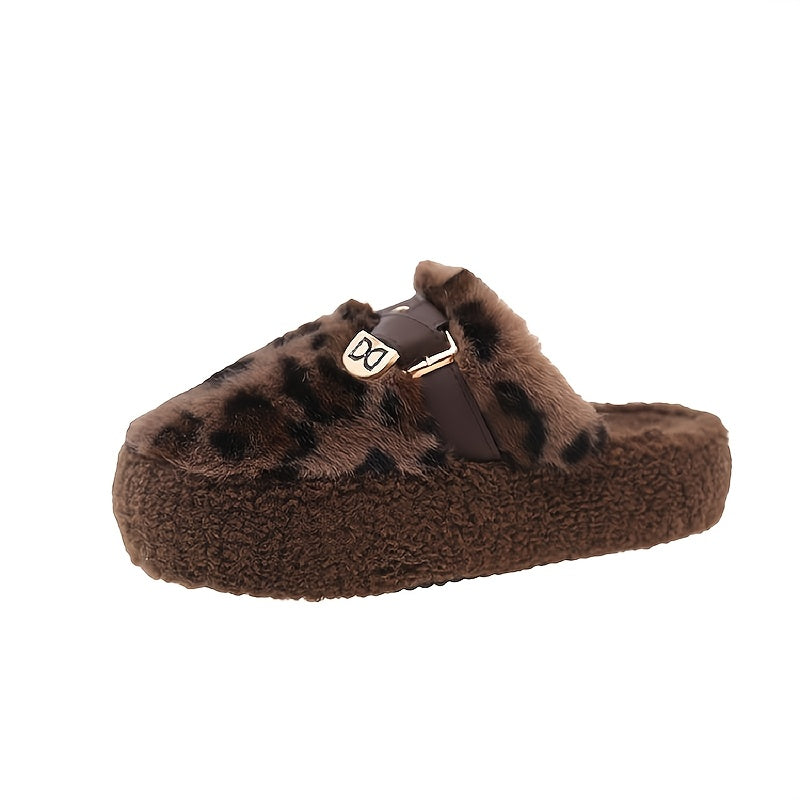 Women's Stylish Leopard Print Plush Slippers with Buckle Strap - Cozy Faux Fur-Lined Winter House Shoes, Soft Brown & Black Patterned Design, Thick Rubber Sole for Indoor Comfort, Seasonal Wear | Fashionable Footwear | Rubber