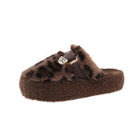 Women's Stylish Leopard Print Plush Slippers with Buckle Strap - Cozy Faux Fur-Lined Winter House Shoes, Soft Brown & Black Patterned Design, Thick Rubber Sole for Indoor Comfort, Seasonal Wear | Fashionable Footwear | Rubber