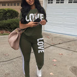 Casual Letter Print Two-piece Set, Short Sleeve T-shirt & Side Striped Pants Outfits, Women's Clothing